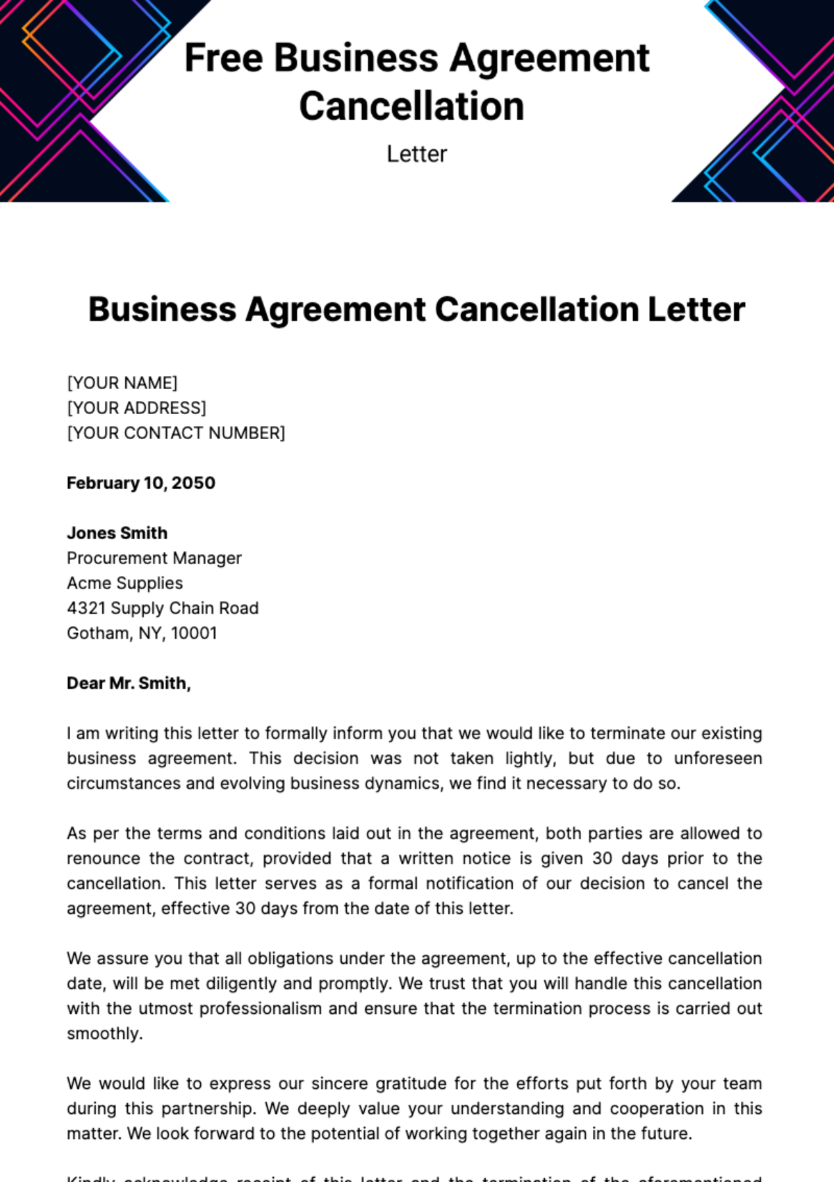 Free Business Agreement Cancellation Letter Template