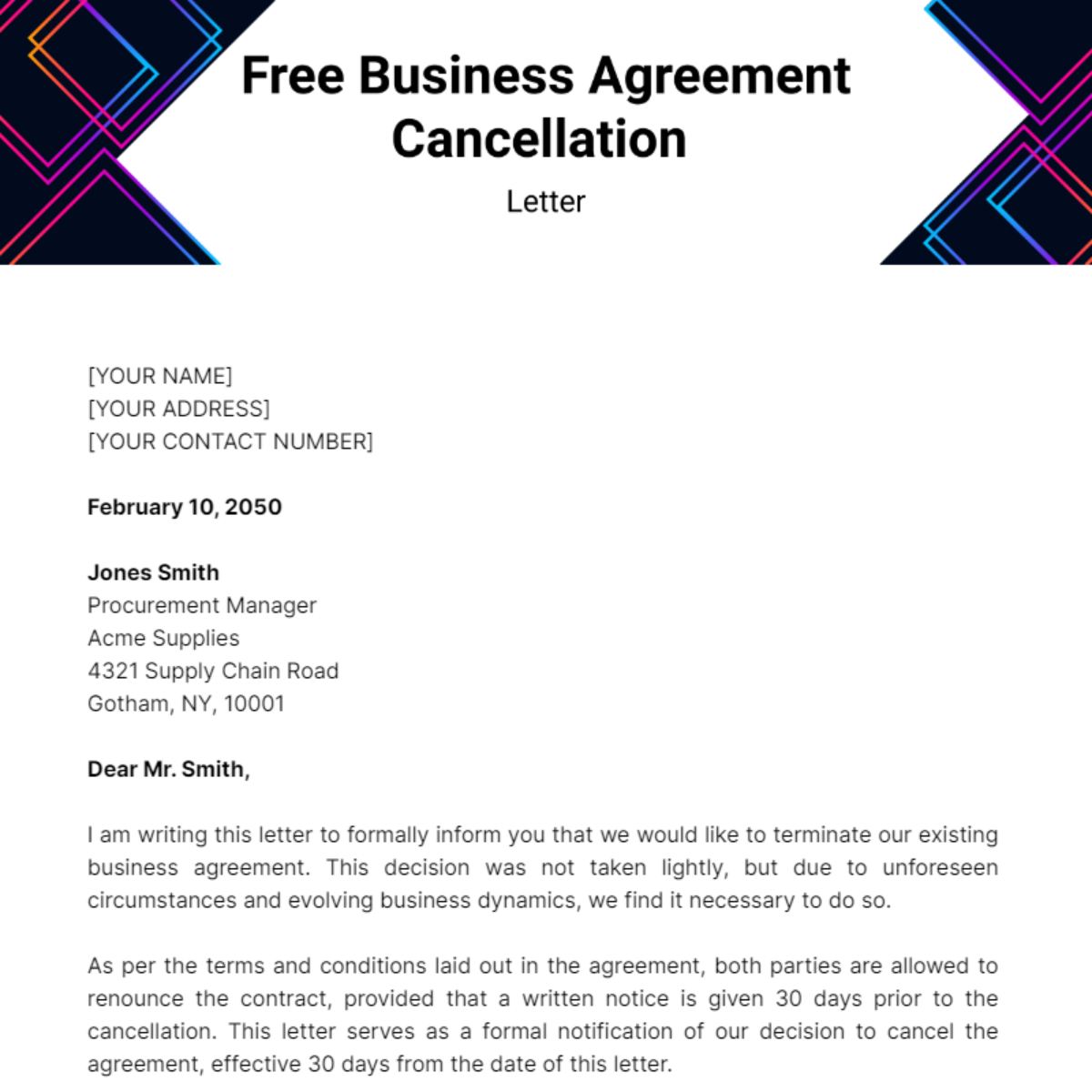 Business Agreement Cancellation Letter Template