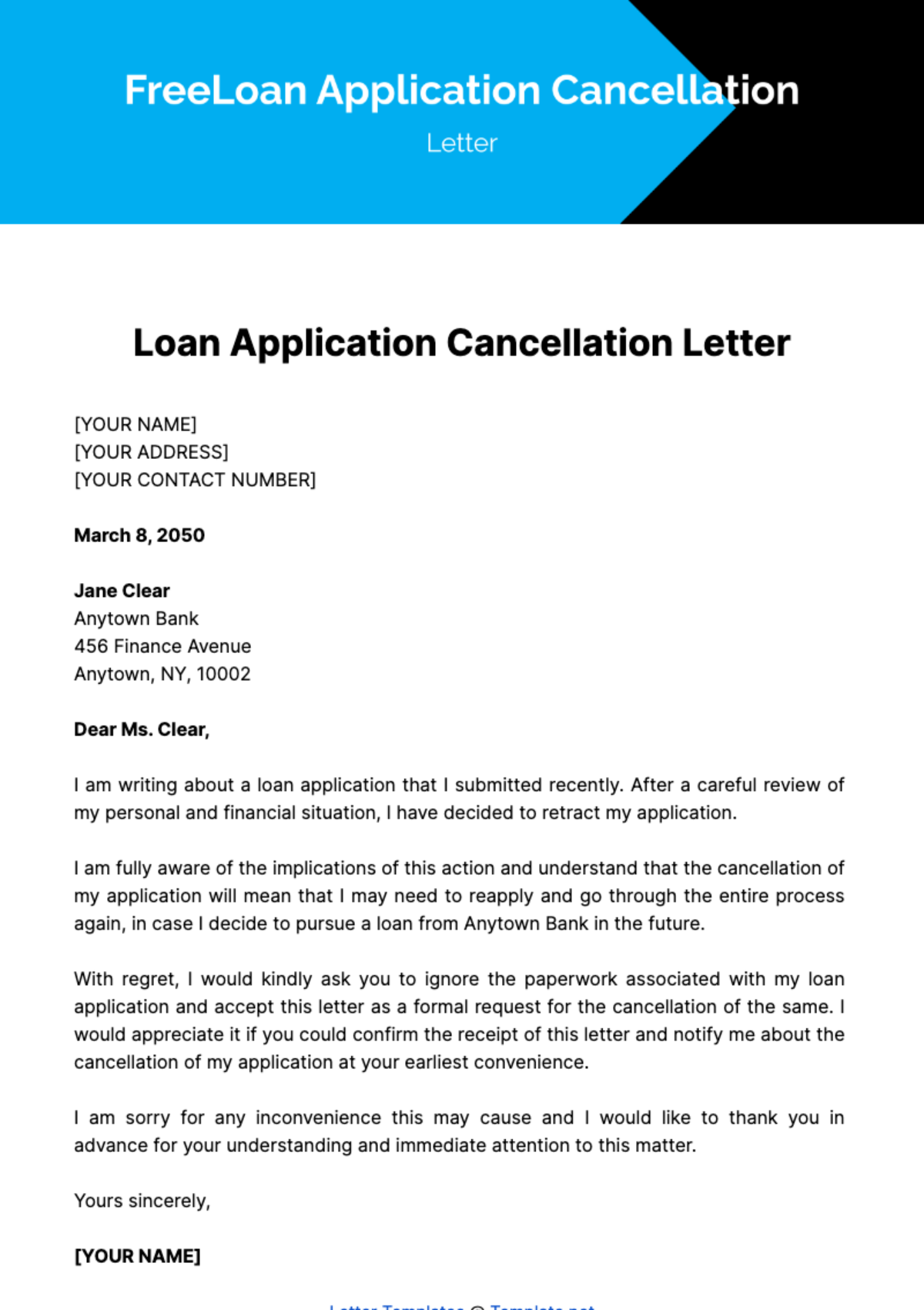 Free Loan Application Cancellation Letter Template