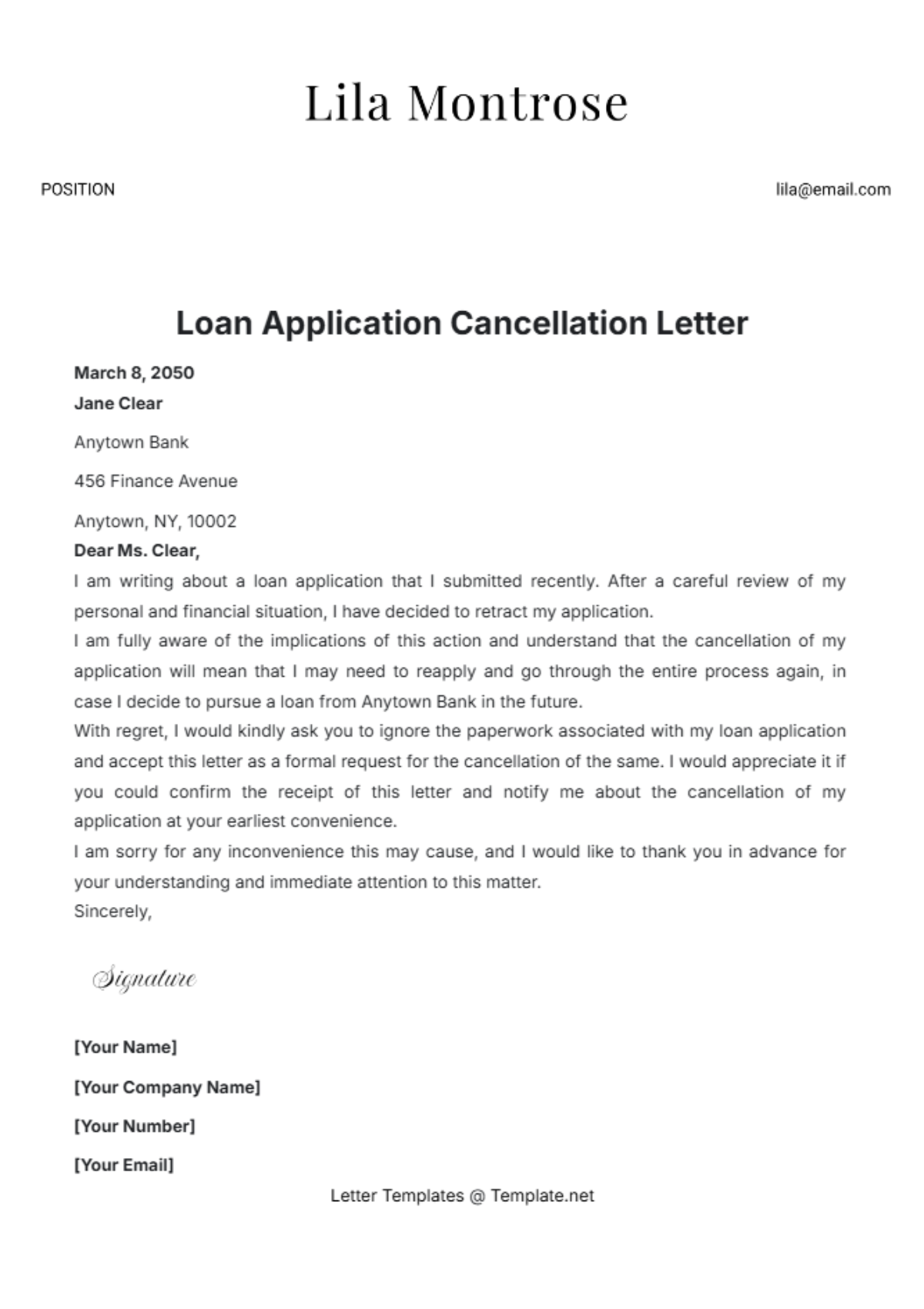 Loan Application Cancellation Letter Template