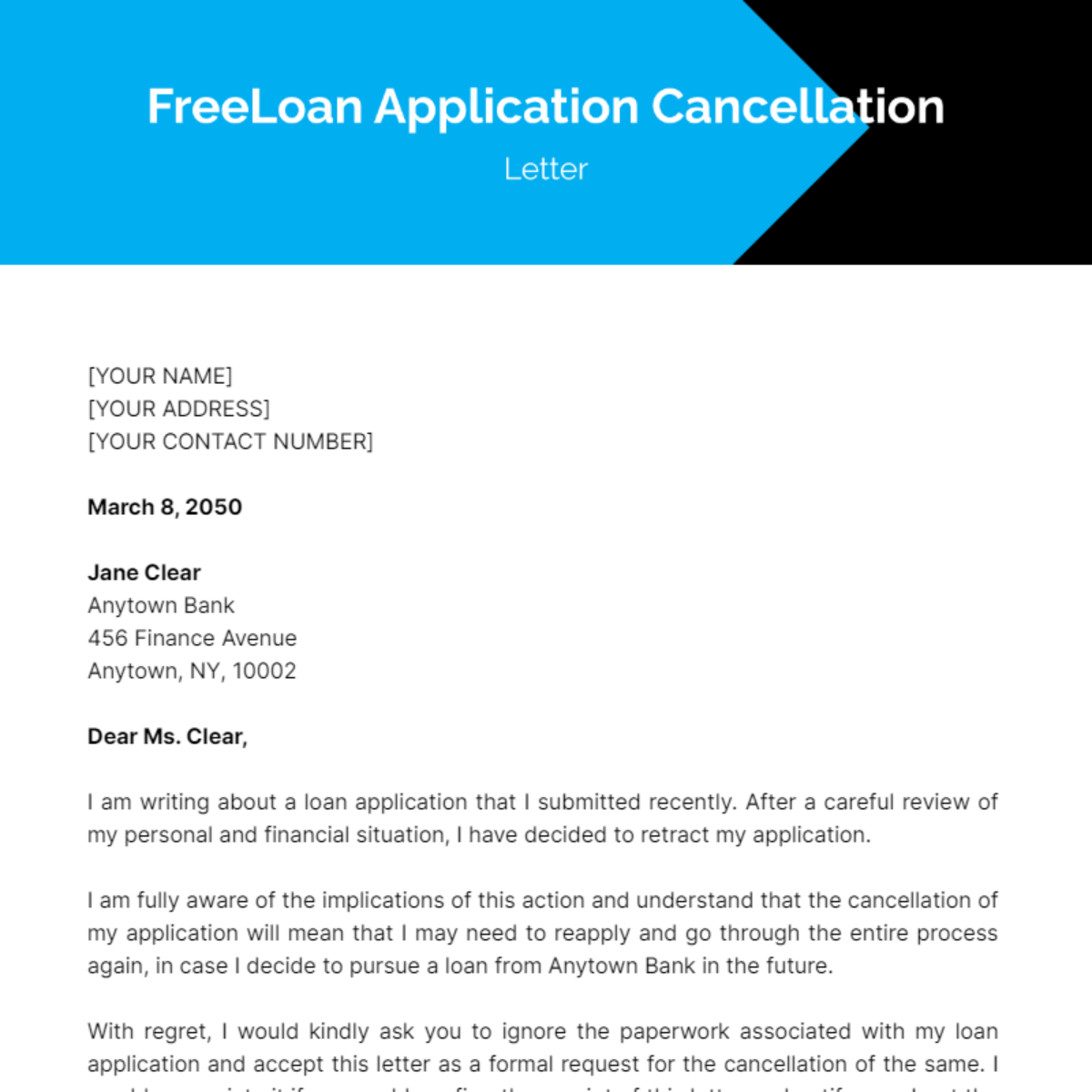 Loan Application Cancellation Letter Template