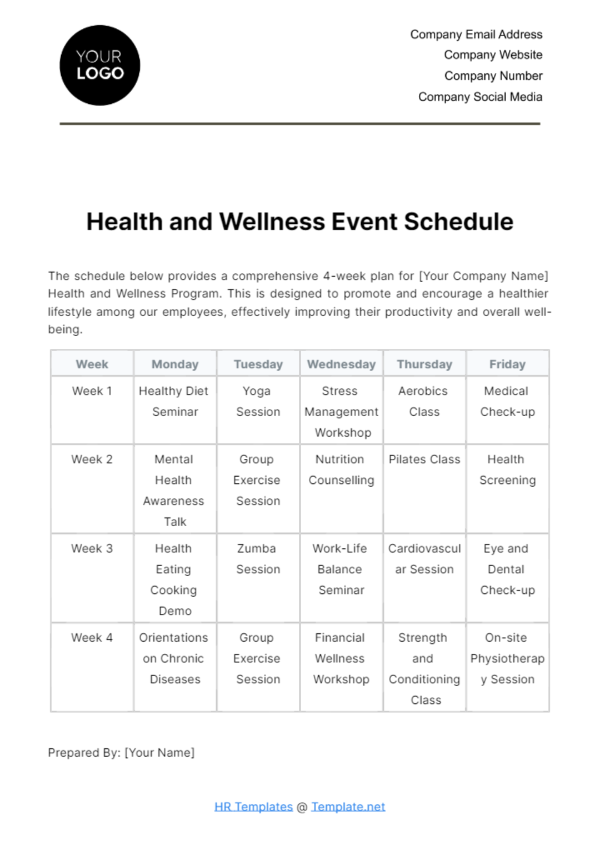 Free Health and Wellness Event Schedule HR Template