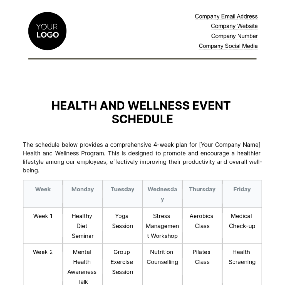Health and Wellness Event Schedule HR Template