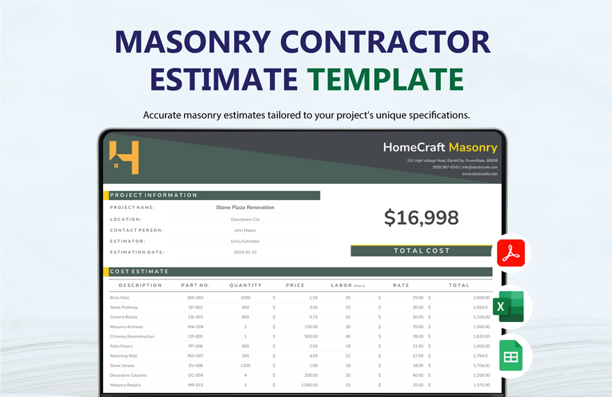 Masonry Contractor Estimate Template in Excel, PDF, Google Sheets
