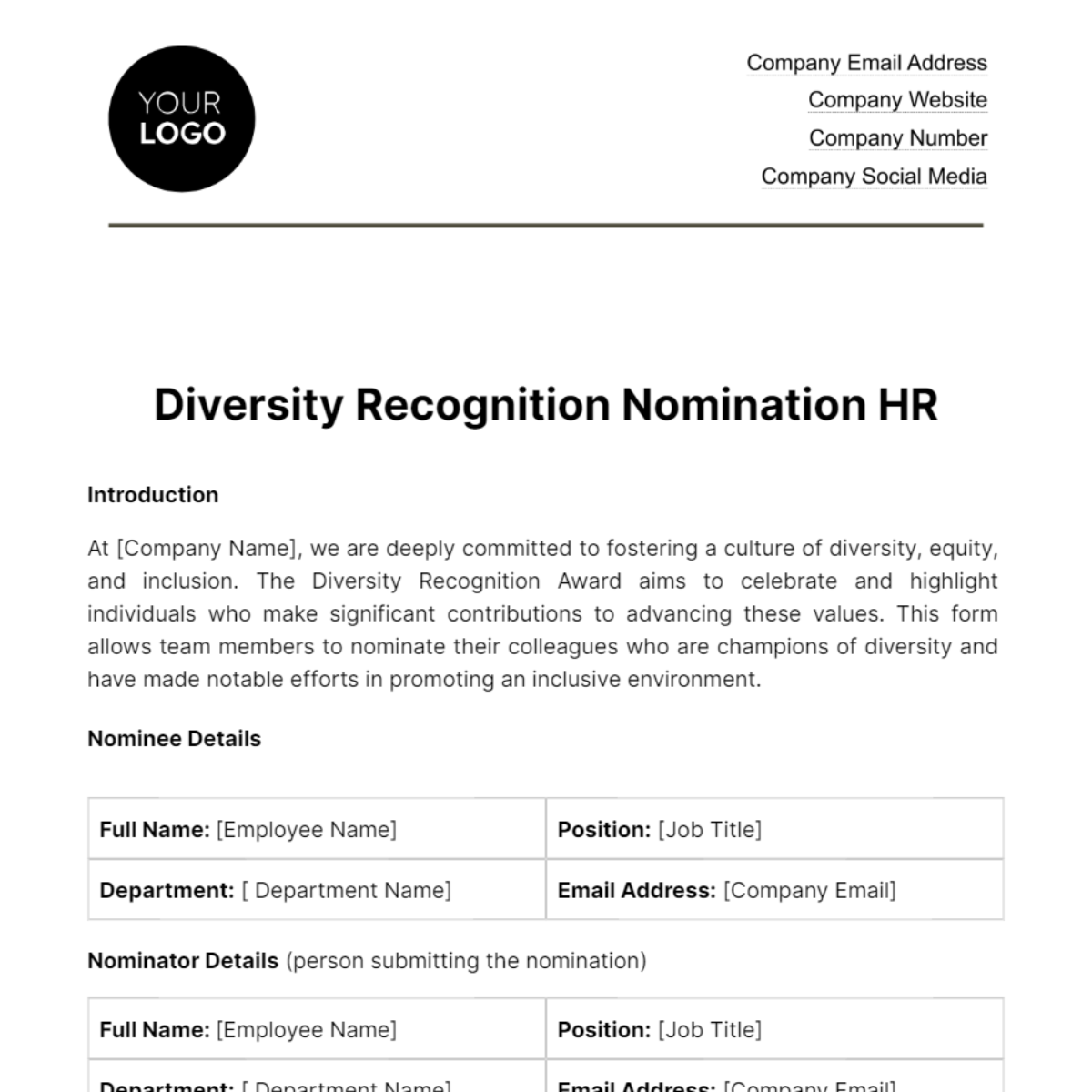 Free Diversity Recognition Nomination HR Template