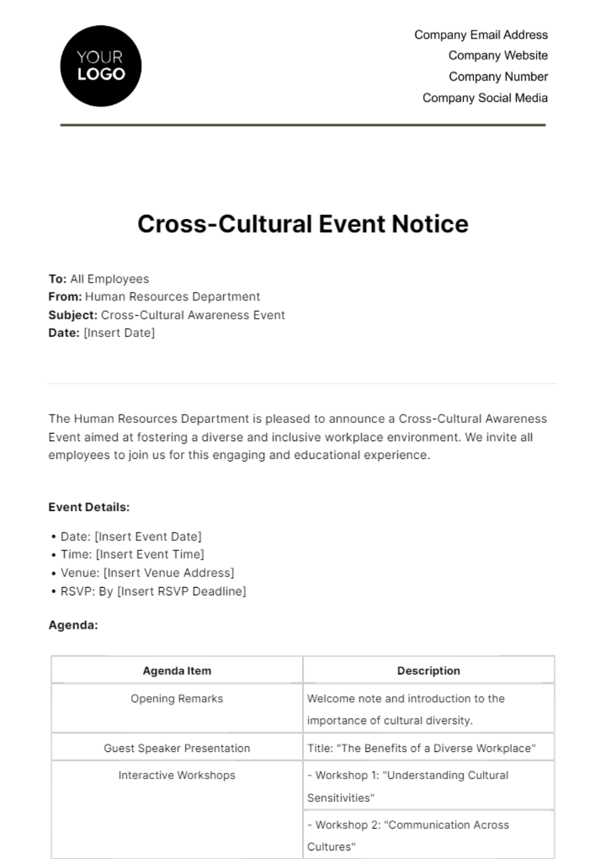 Free Cross-Cultural Event Notice HR Template