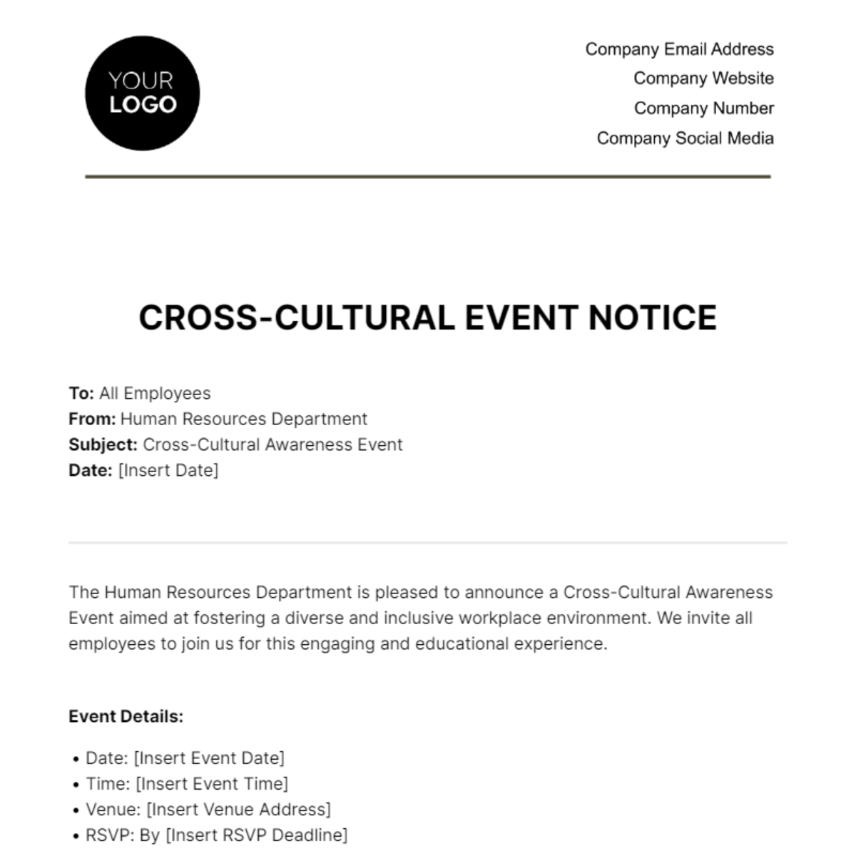 Cross-Cultural Event Notice HR Template - Edit Online & Download