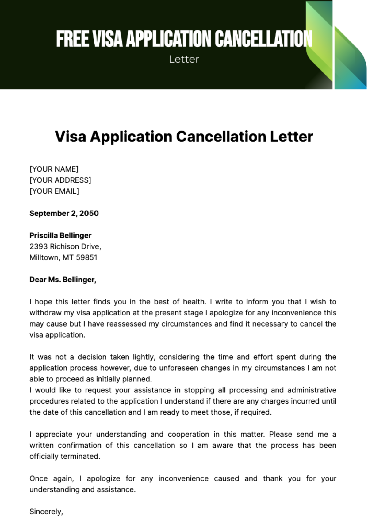 Free Visa Application Cancellation Letter Template