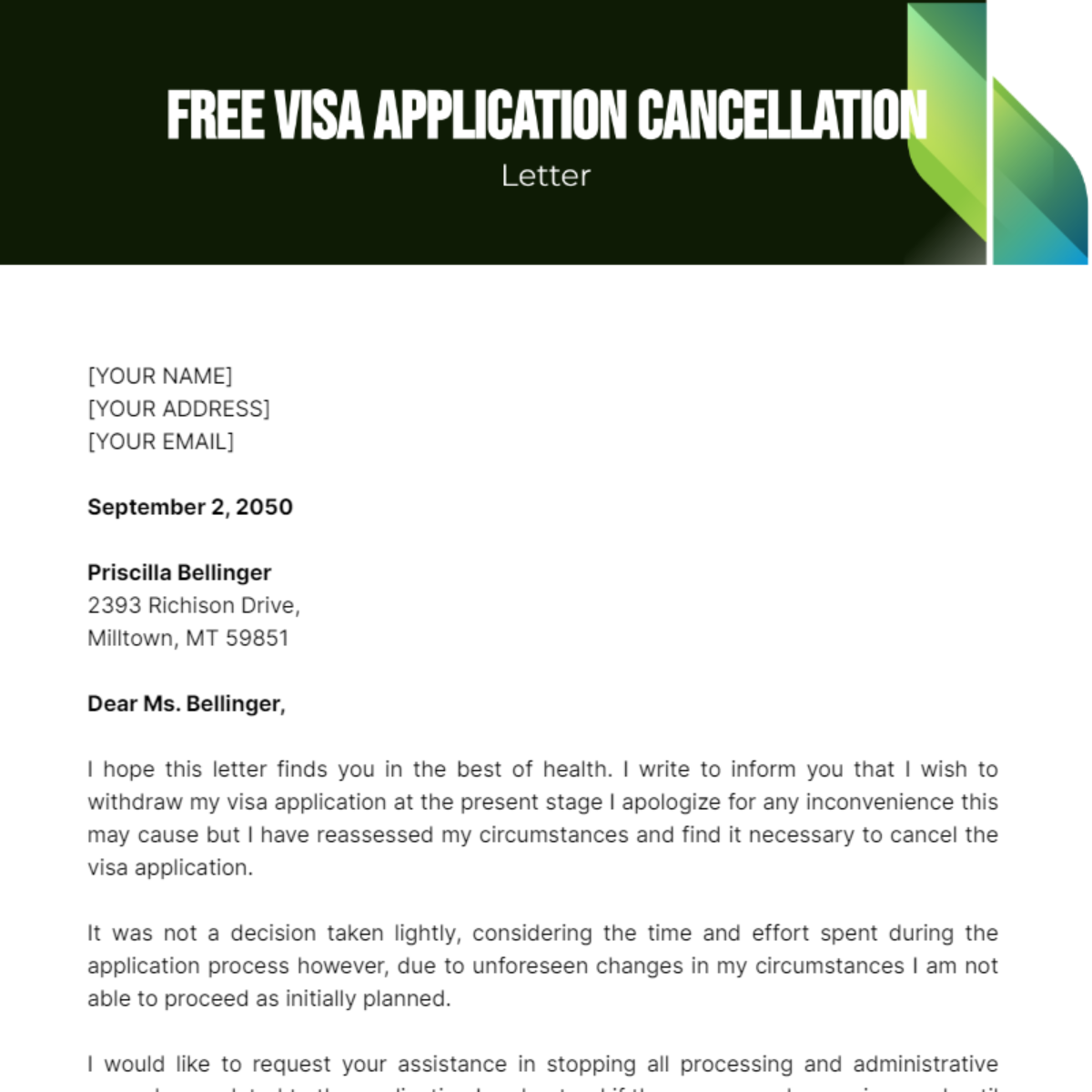 Visa Application Cancellation Letter Template