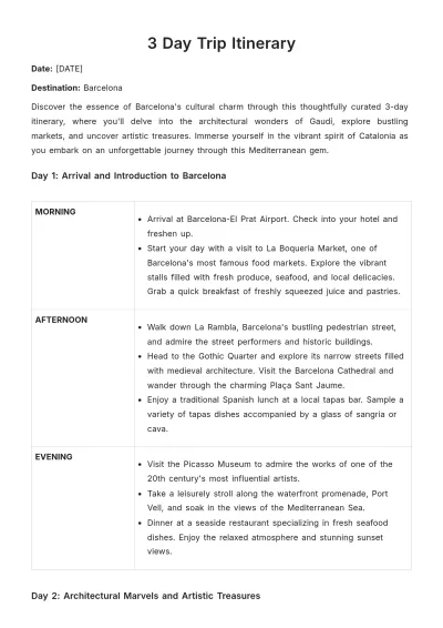 Free 3 Day Trip Itinerary Template to Edit Online