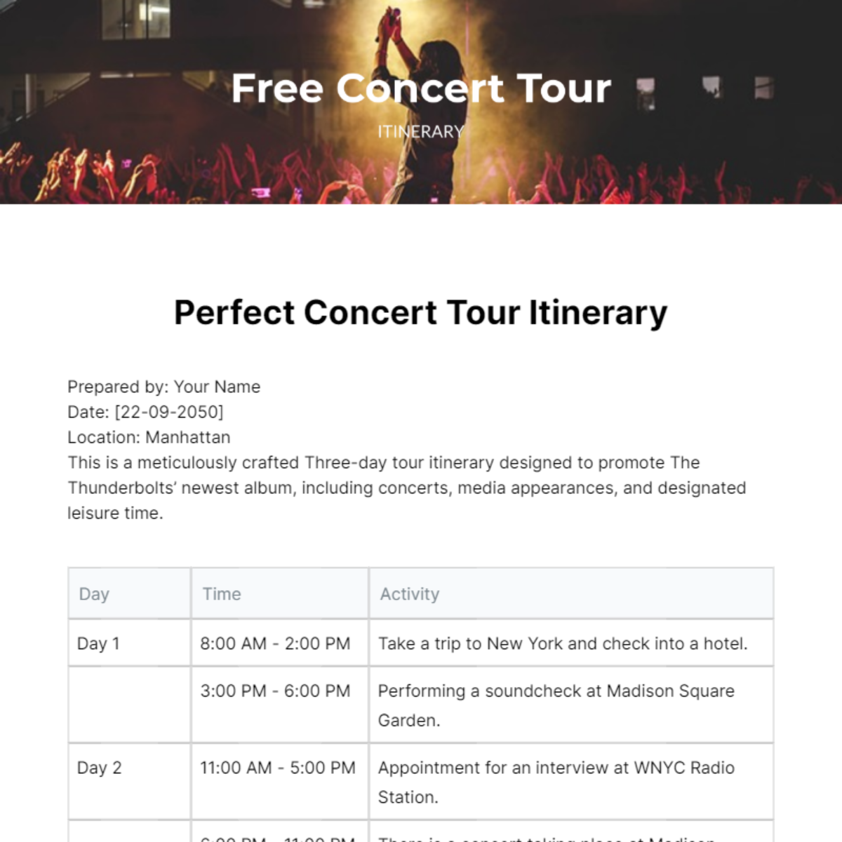 music tour itinerary template