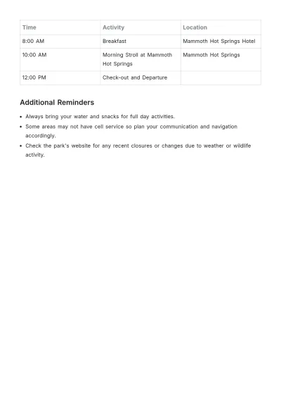 Free Yellowstone Itinerary Template to Edit Online