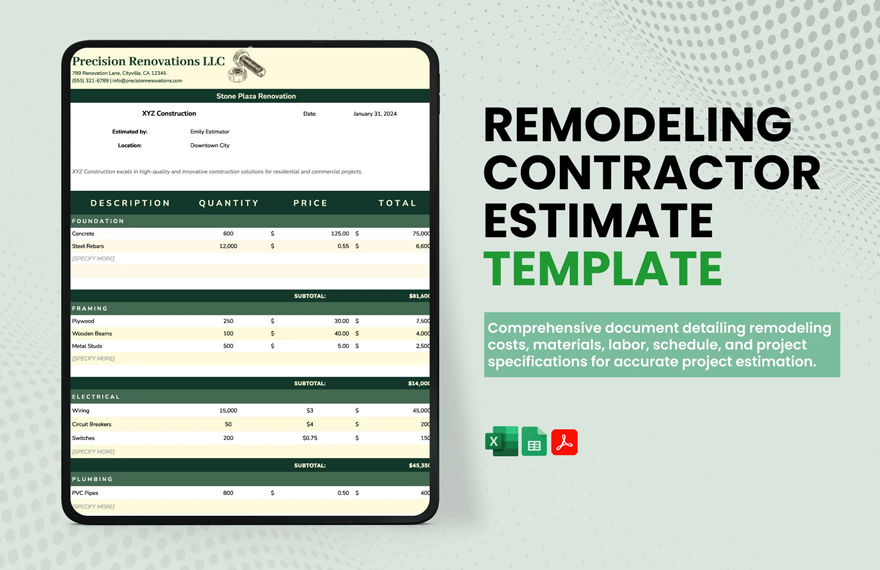 Remodeling Contractor Estimate Template in Excel, PDF, Google Sheets