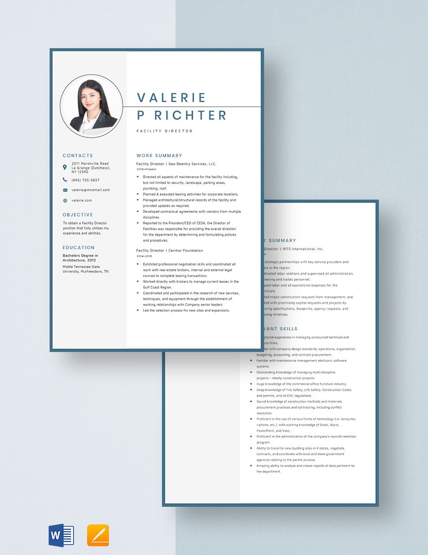 Free Facility Director Resume Template - Word, Apple Pages | Template.net