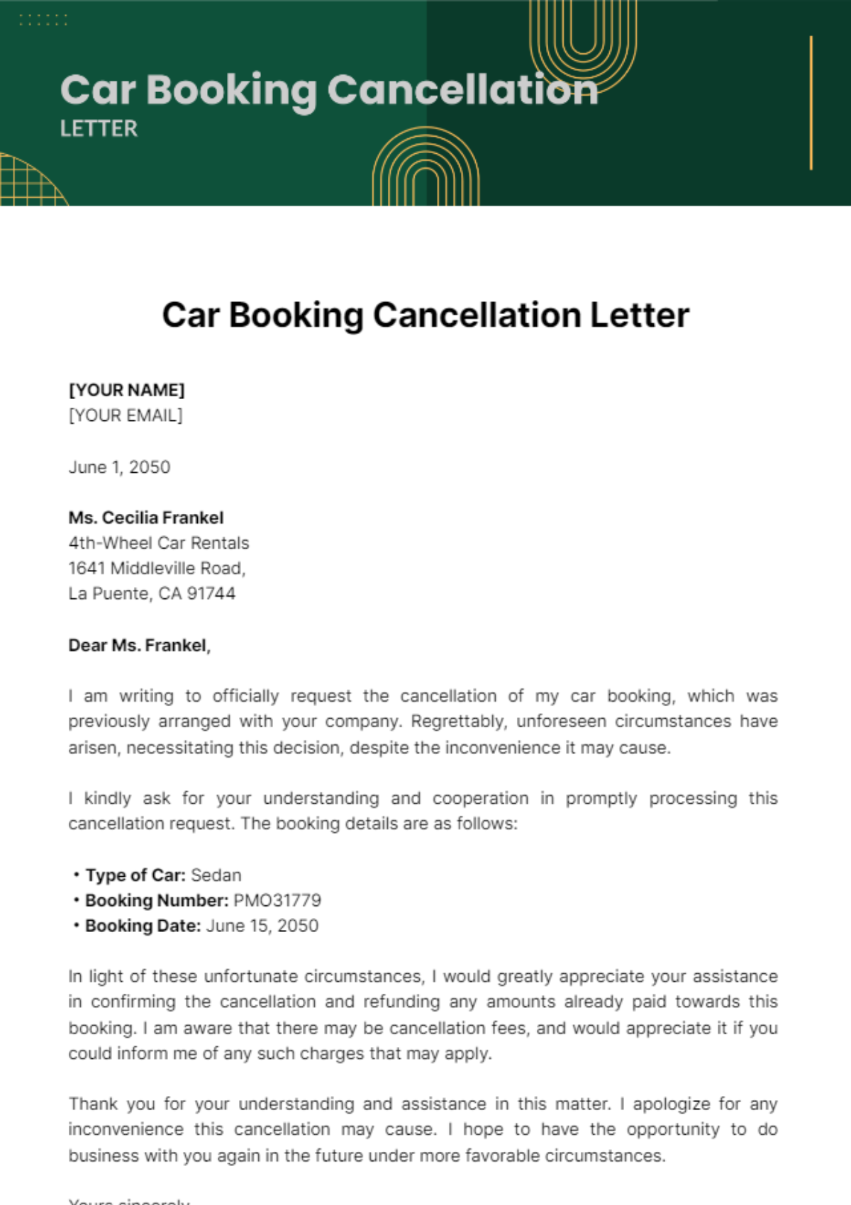Free Car Booking Cancellation Letter Template
