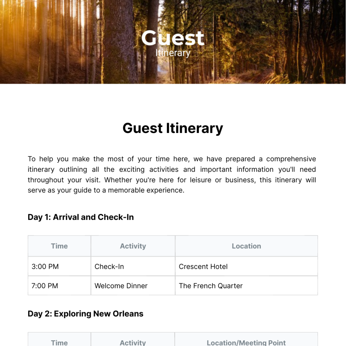 Guest Itinerary Template