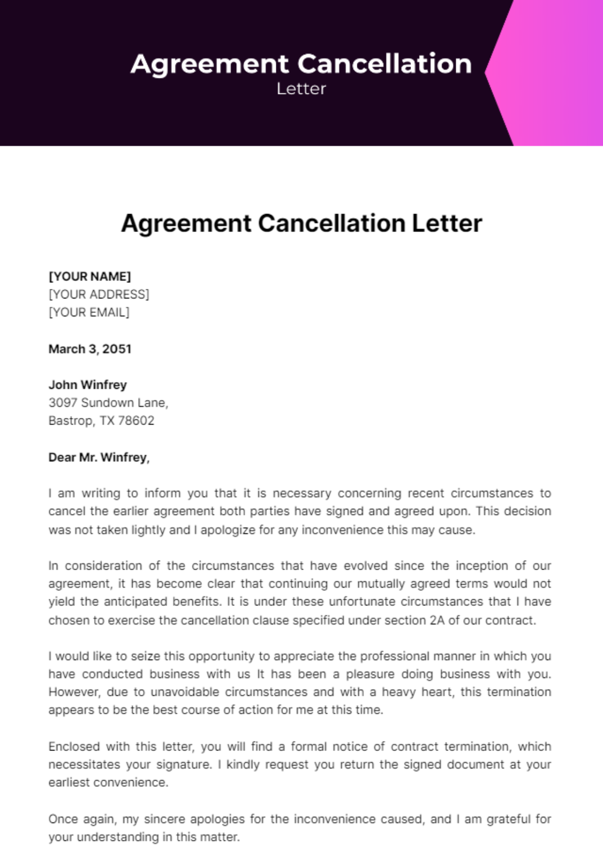 Free Agreement Cancellation Letter Template