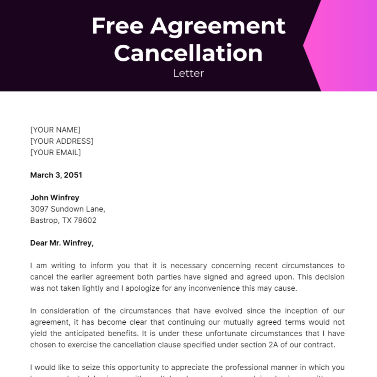 Agreement Cancellation Letter Template