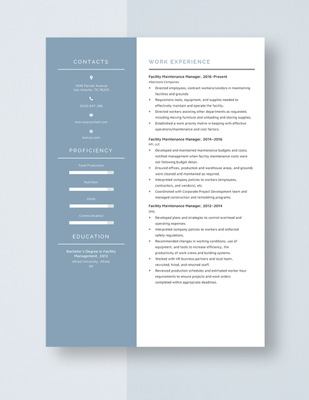 Facility Maintenance Manager Resume Template