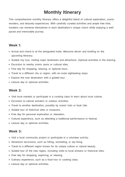 Free Monthly Itinerary Template to Edit Online
