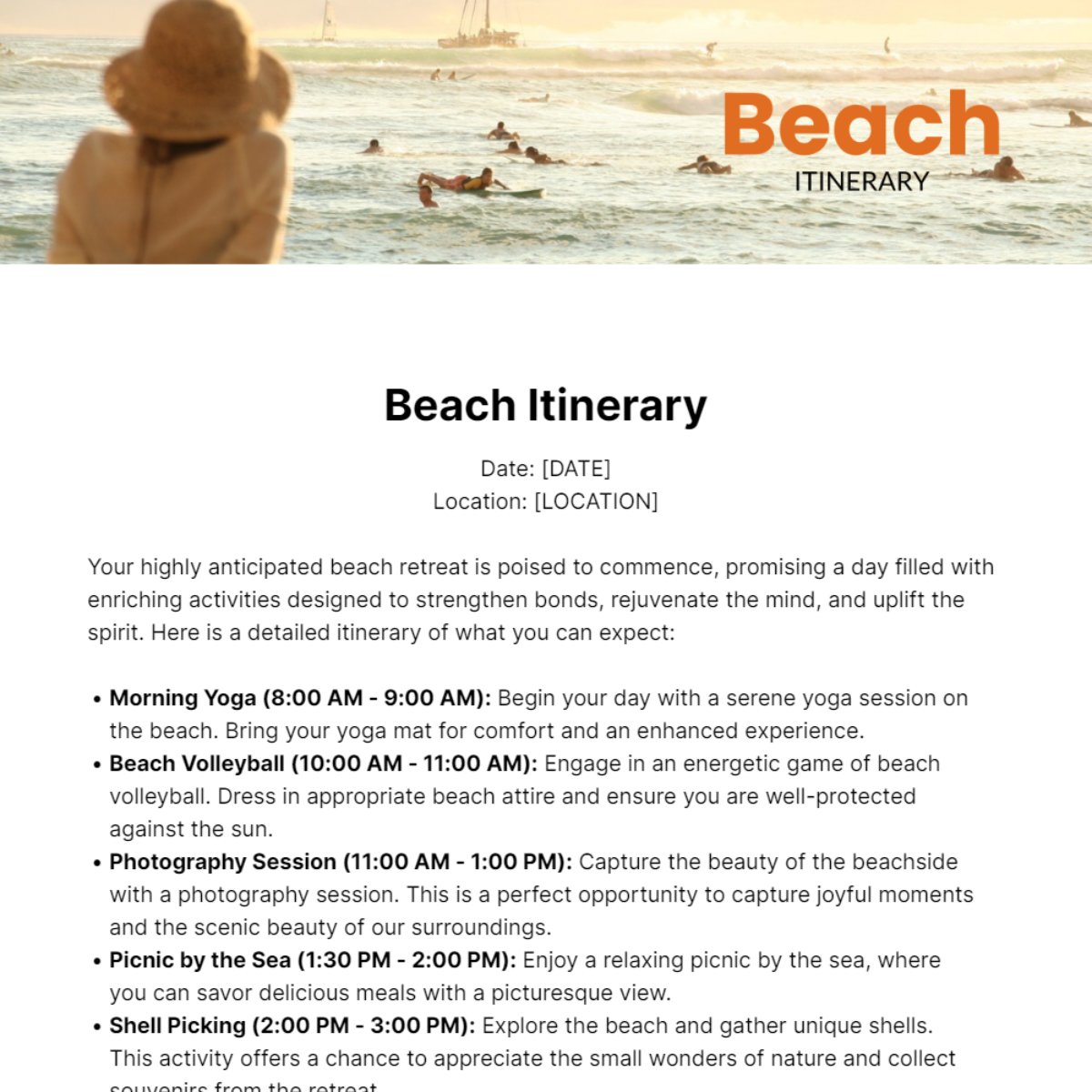 Beach Itinerary Template