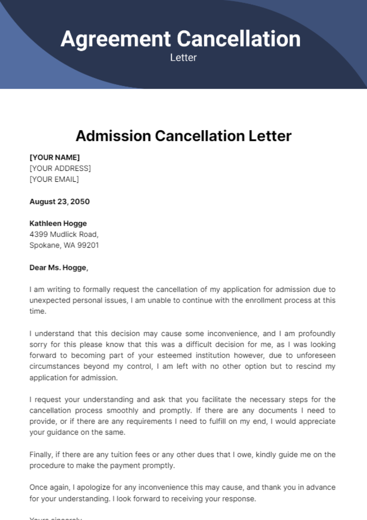 Free Admission Cancellation Letter Template