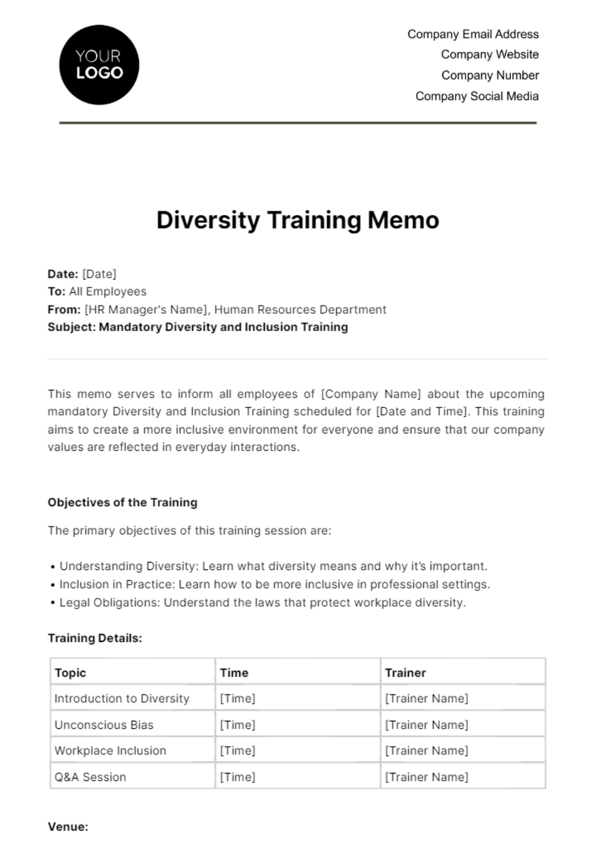 Diversity Training Memo HR Template