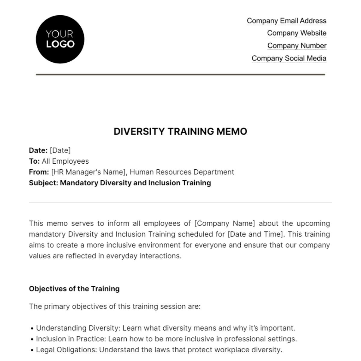 Diversity Training Memo HR Template - Edit Online & Download