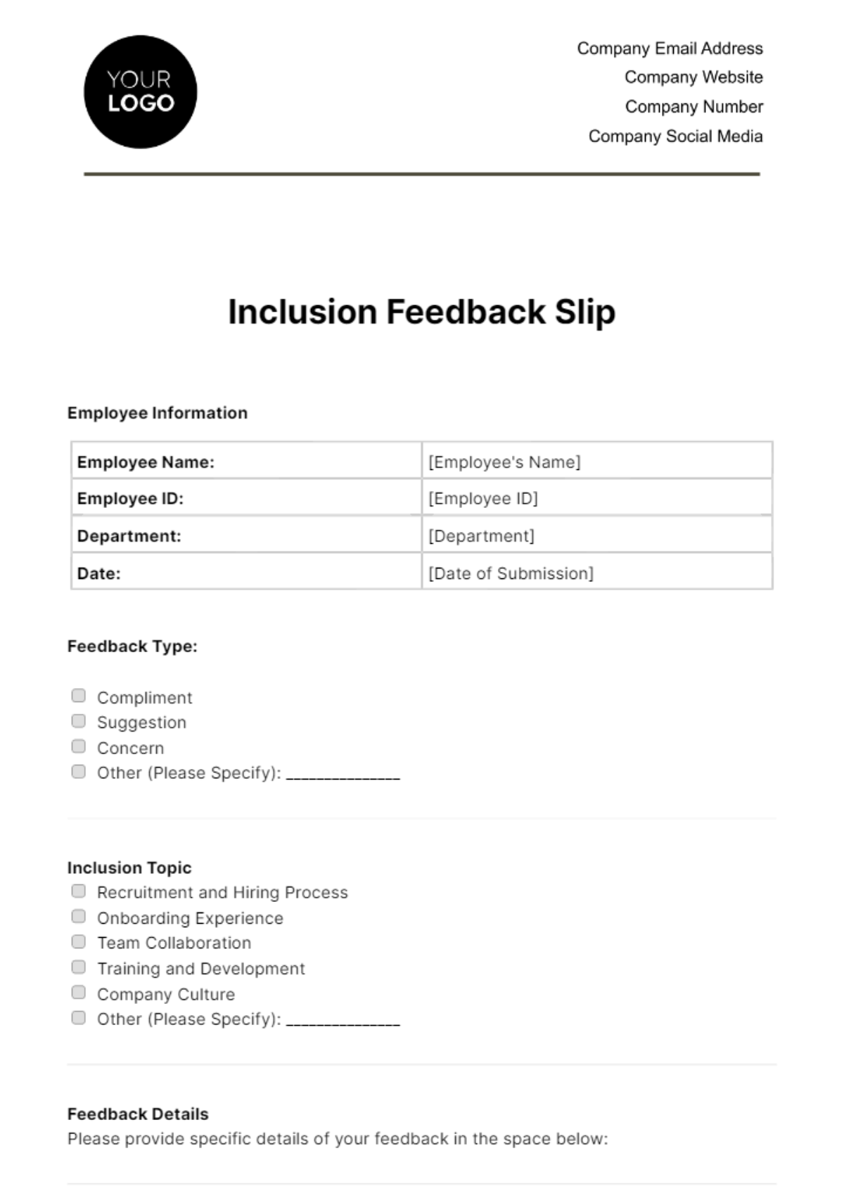 Free Inclusion Feedback Slip HR Template