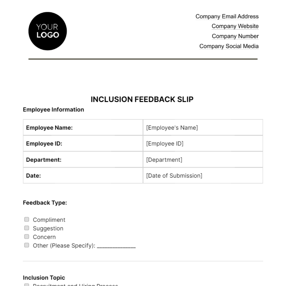 Inclusion Feedback Slip HR Template - Edit Online & Download