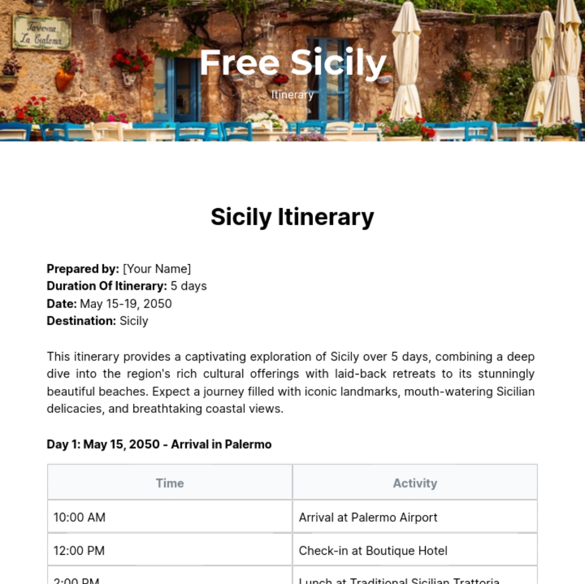 Sicily Itinerary Template