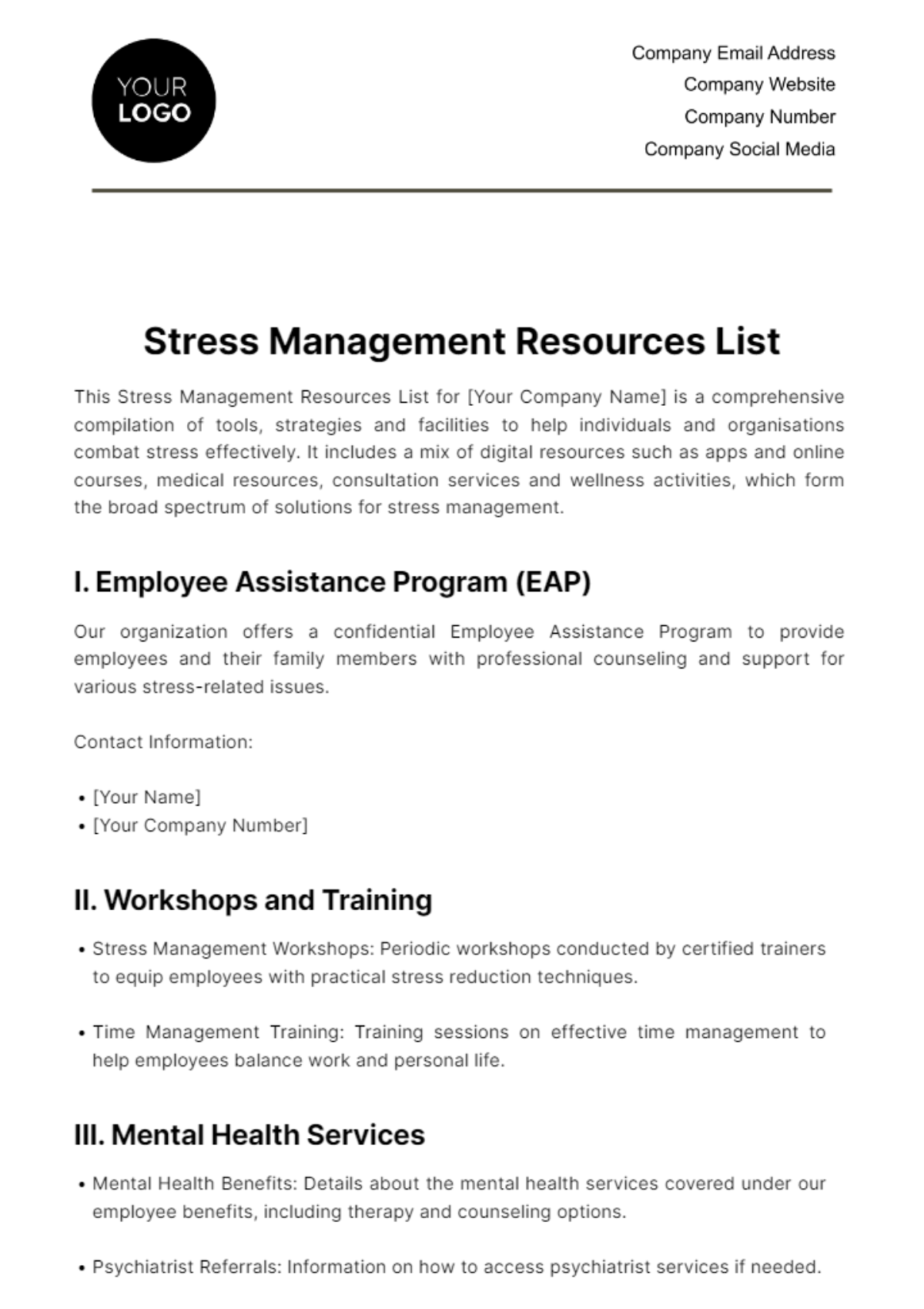 Stress Management Resources List HR Template