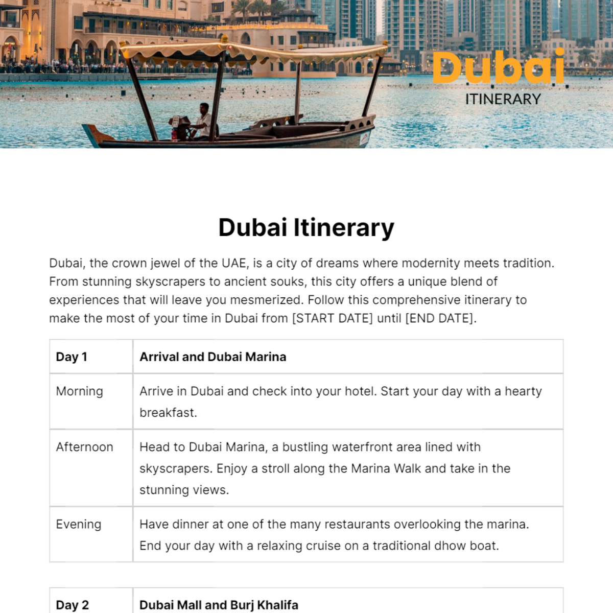 Dubai Itinerary Template