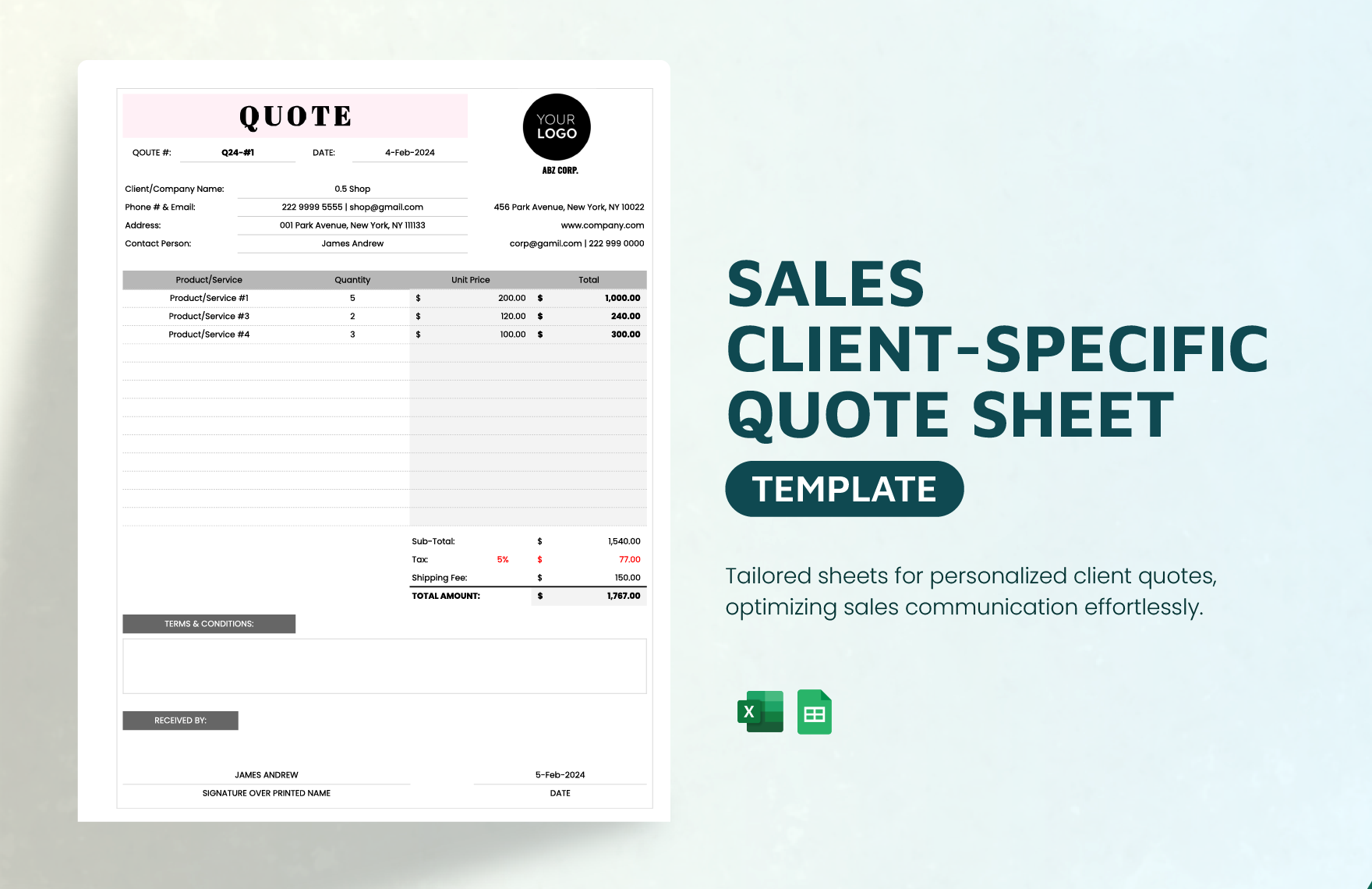 Sales Client-specific Quote Sheet Template