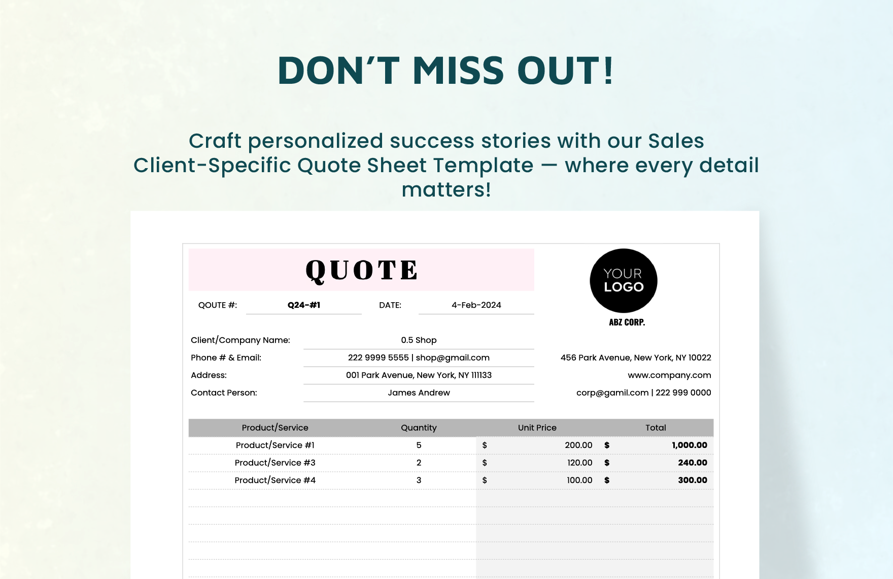 Sales Client-specific Quote Sheet Template