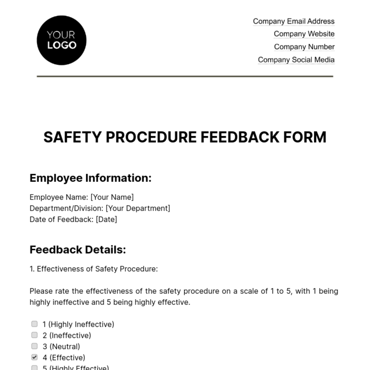 Safety Procedure Feedback Form HR Template - Edit Online & Download