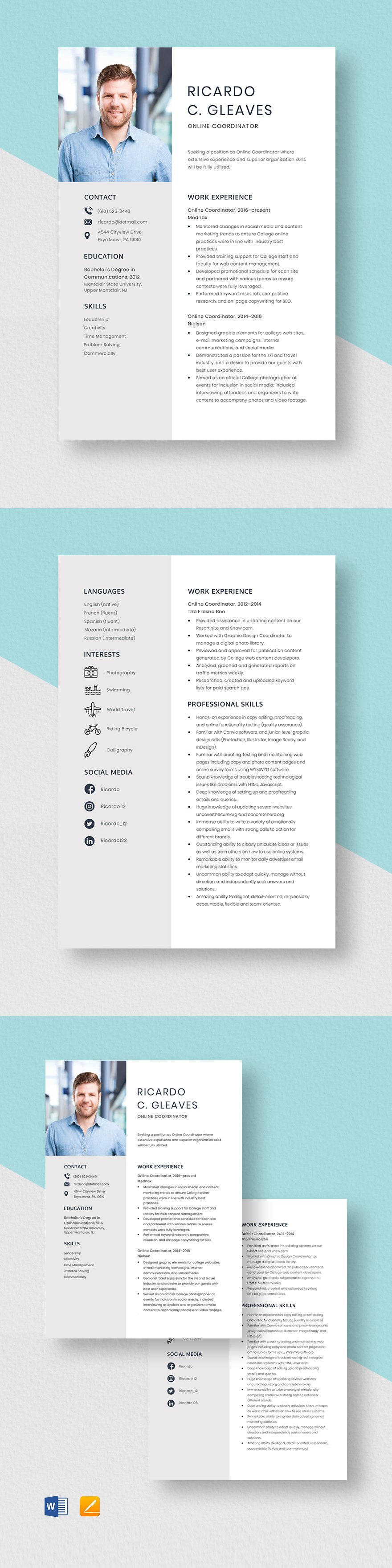 Free Online Coordinator Resume Template Word Apple Pages Template net