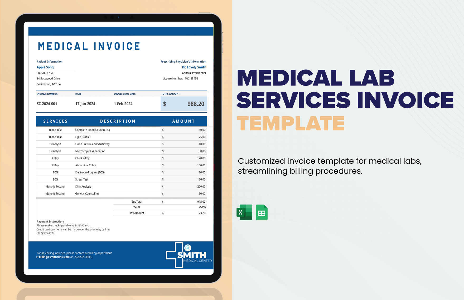 Medical Lab Services Invoice Template in Excel, Google Sheets