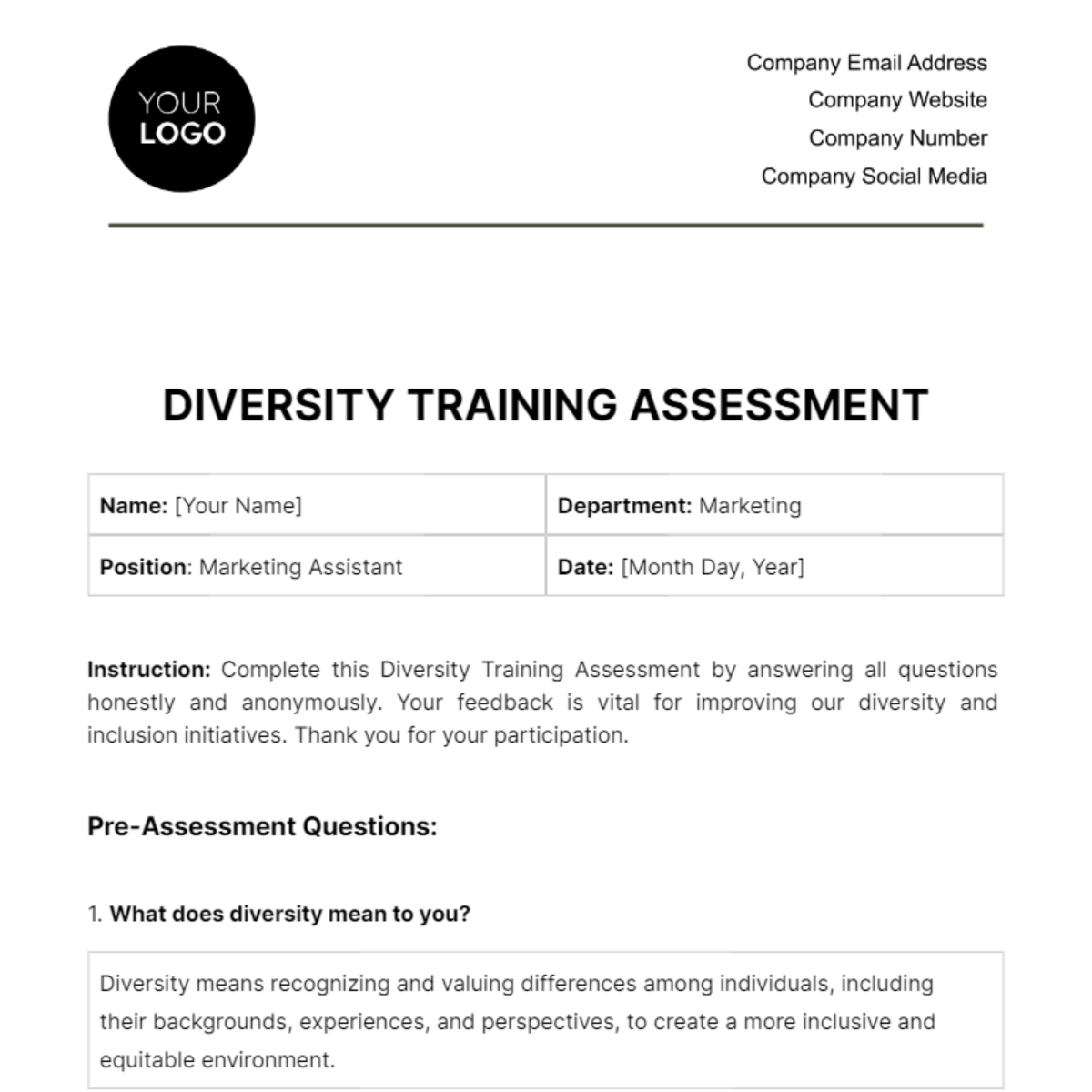 Free Diversity Training Assessment HR Template