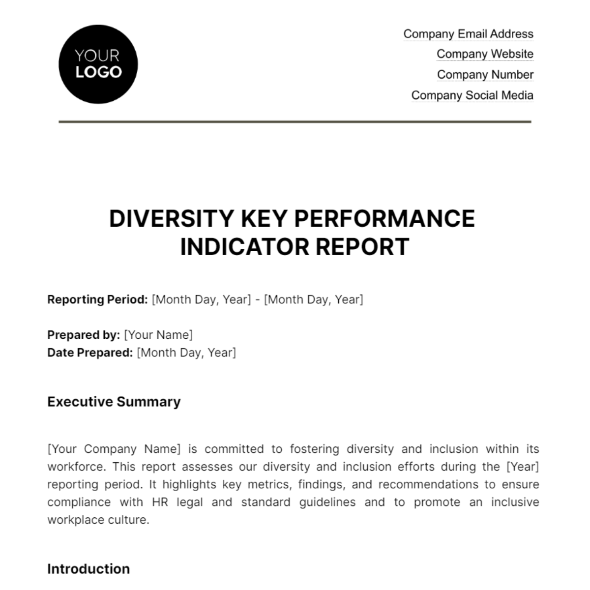 Free Diversity Key Performance Indicator Report HR Template