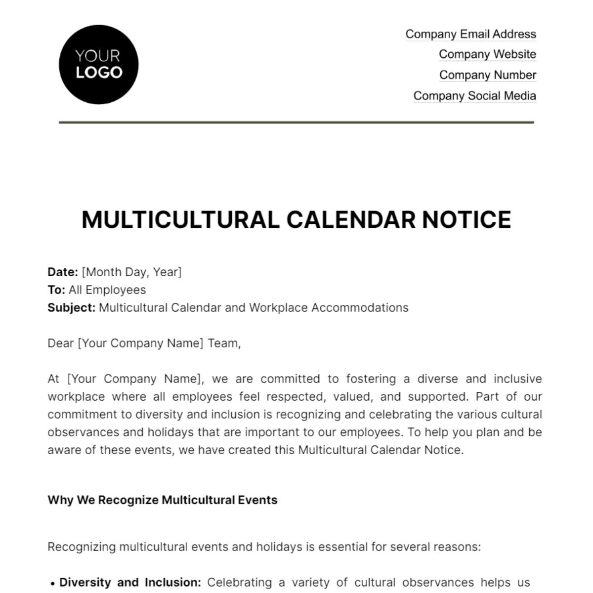 Multicultural Calendar Notice HR Template
