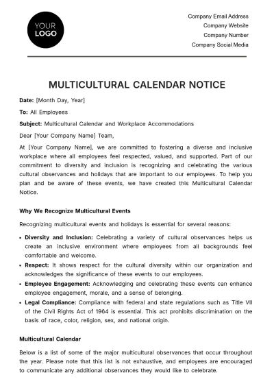 Free Multicultural Calendar Notice HR Template to Edit Online
