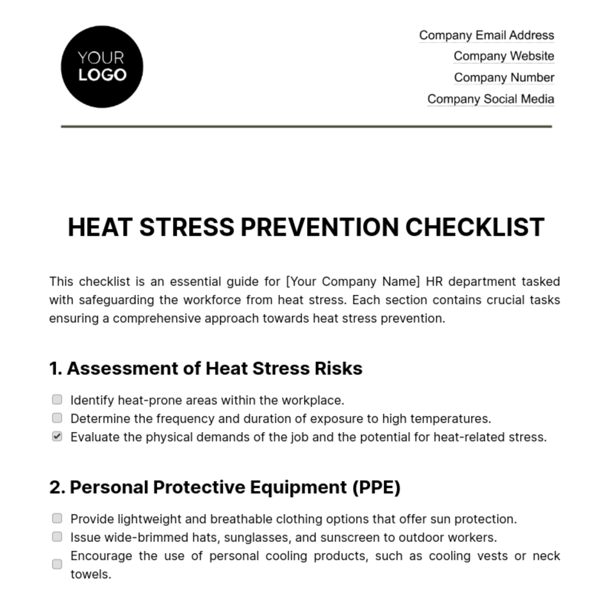 Heat Stress Prevention Checklist HR Template