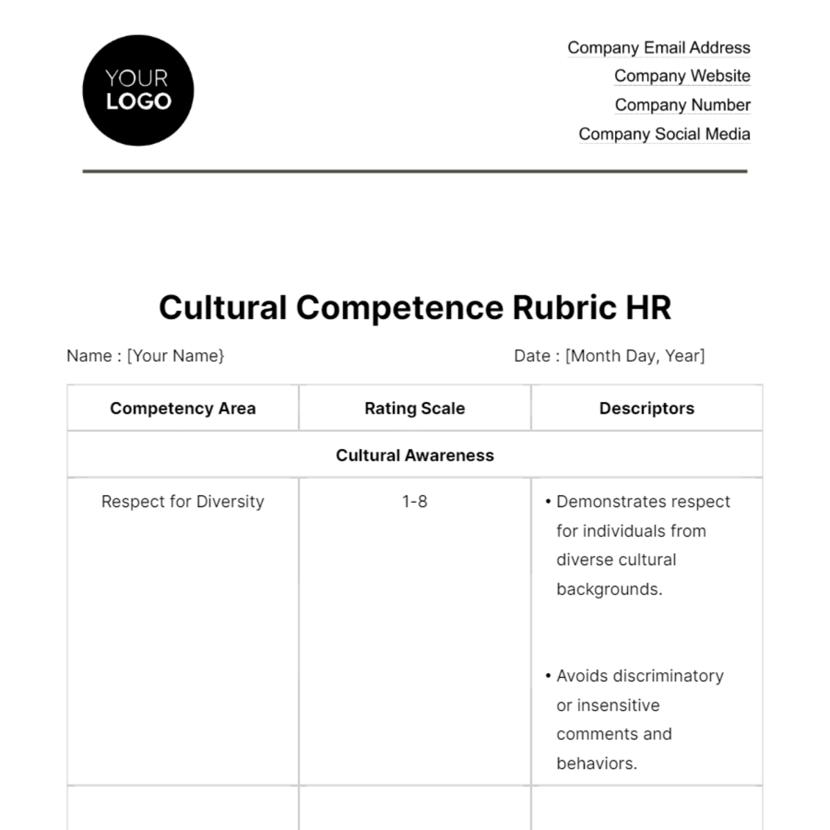 Cultural Competence Rubric HR Template