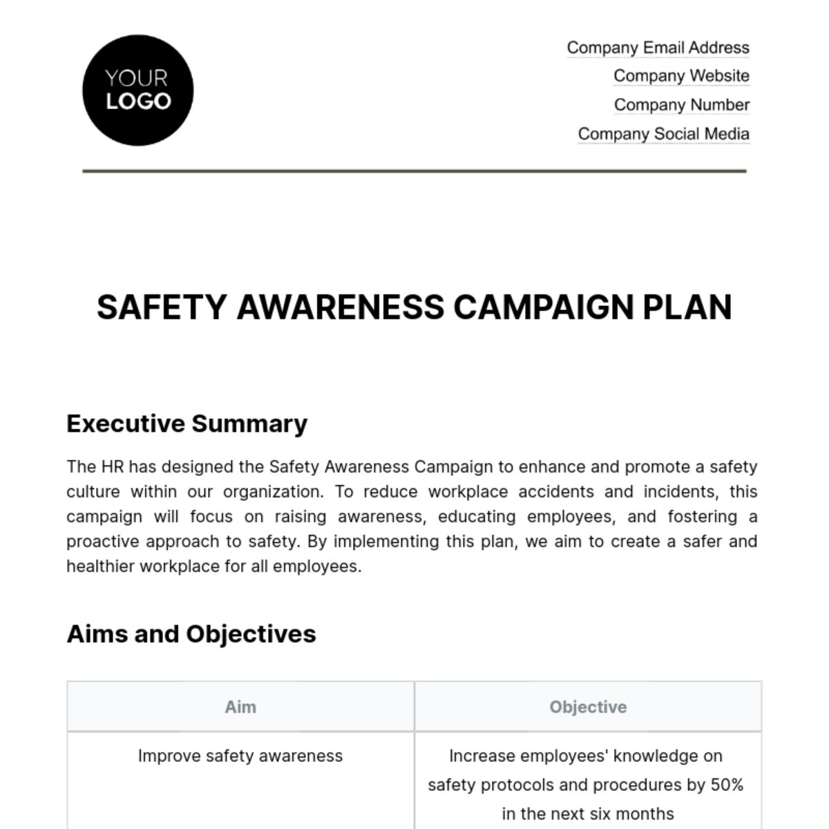 Free Safety Awareness Campaign Plan HR Template