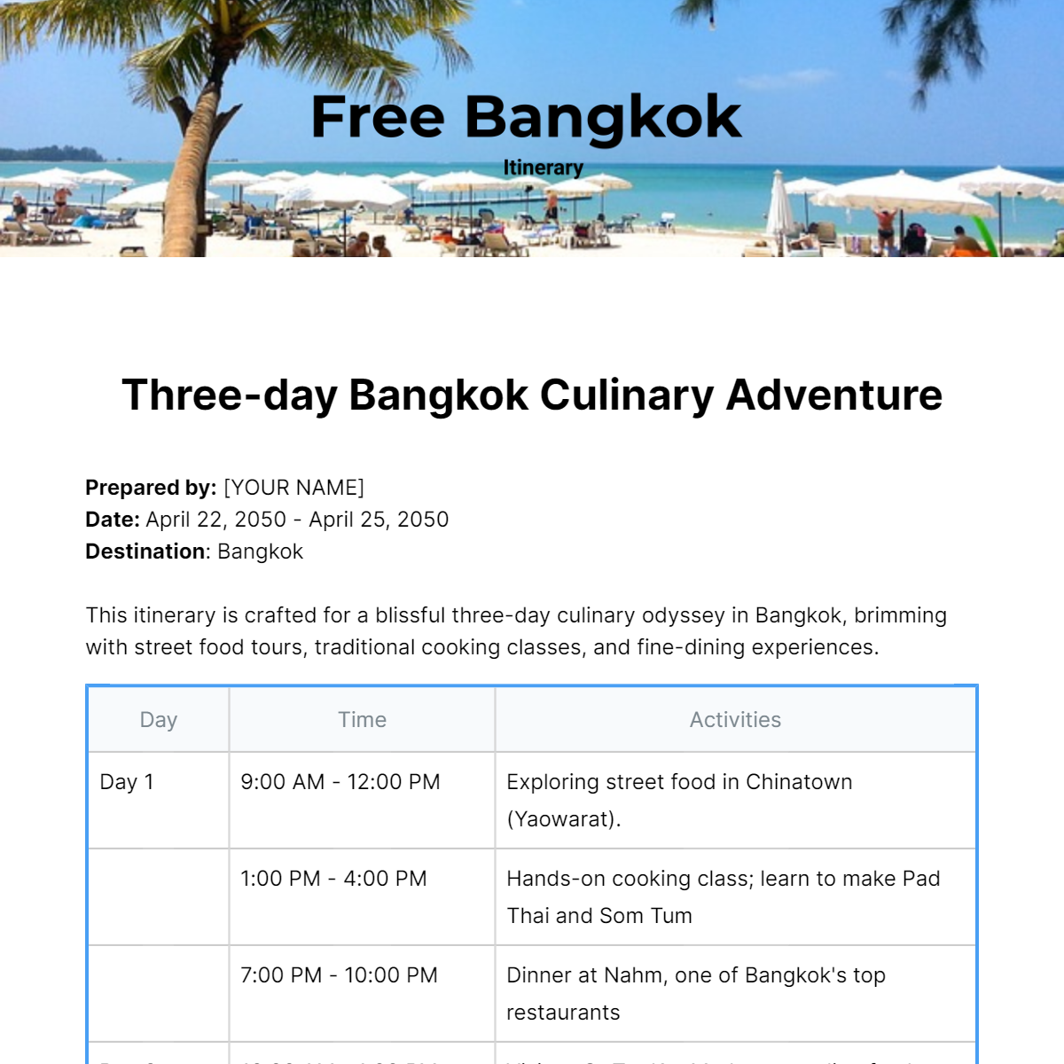 Bangkok Itinerary Template