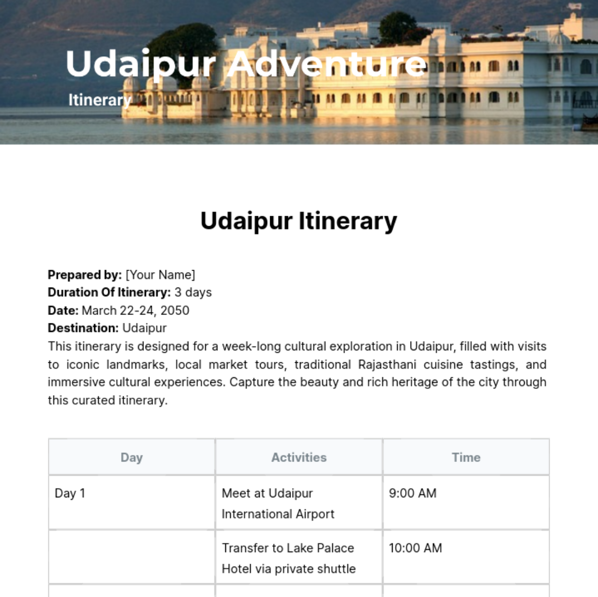 Udaipur Itinerary Template