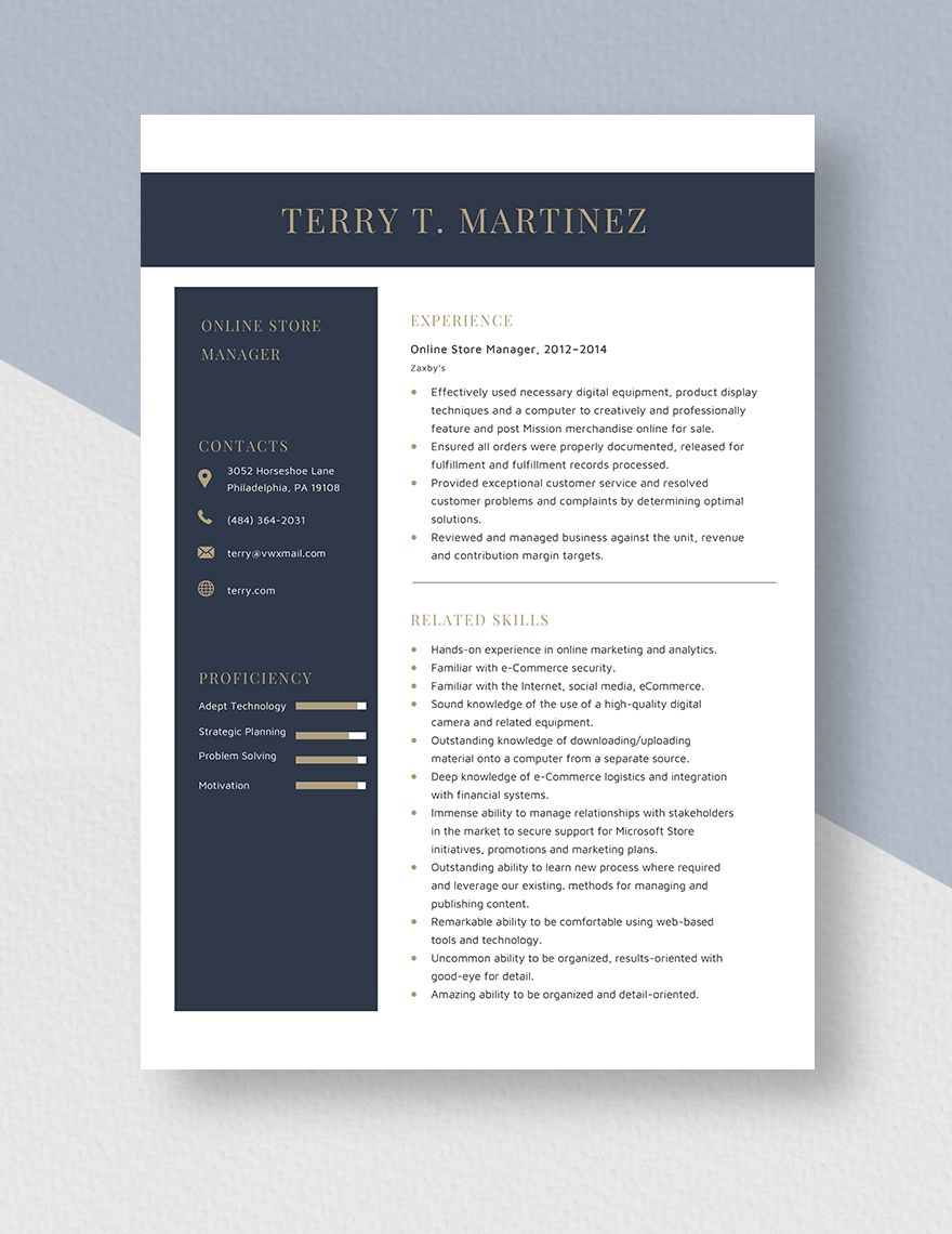 Online Store Manager Resume