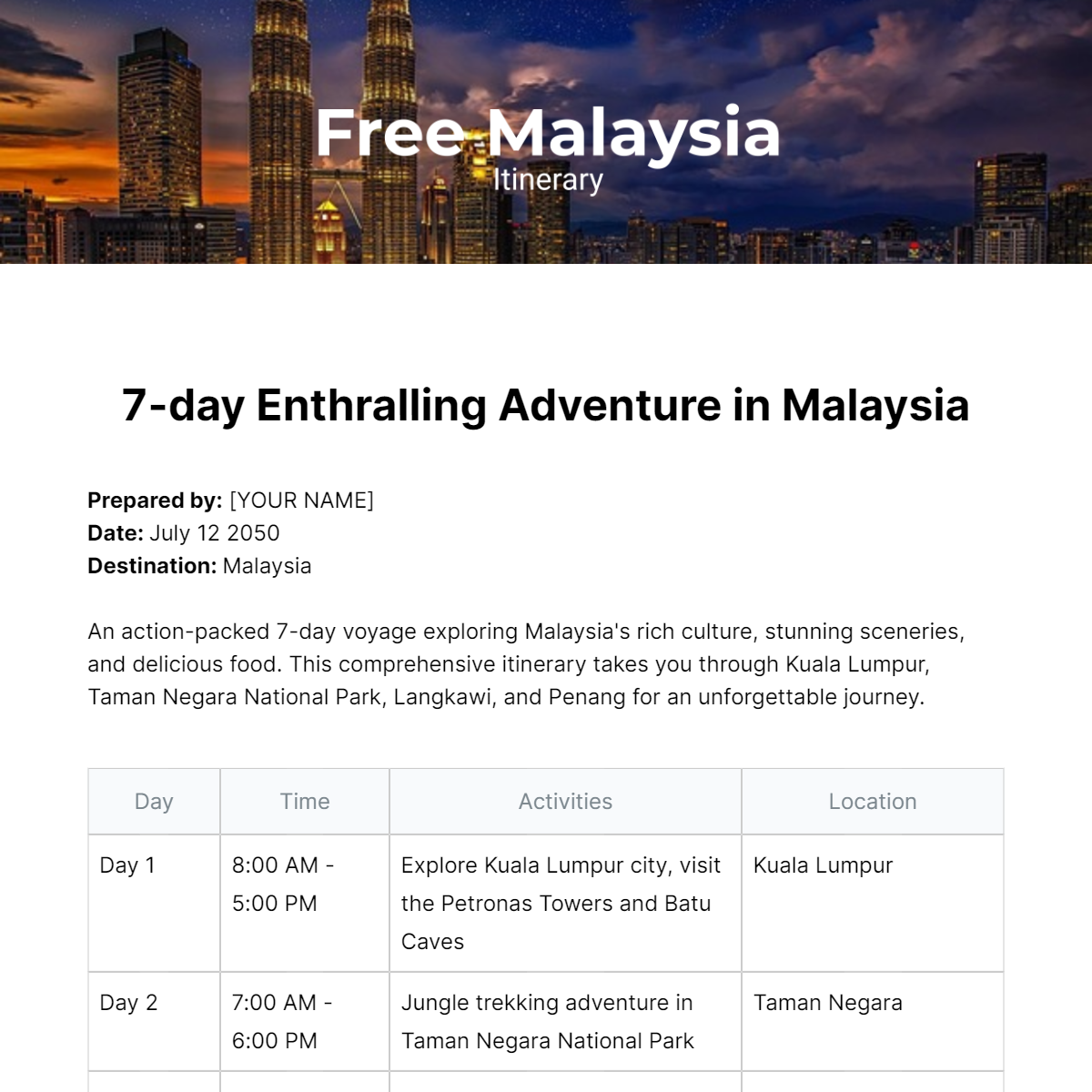 Malaysia Itinerary Template Edit Online & Download Example