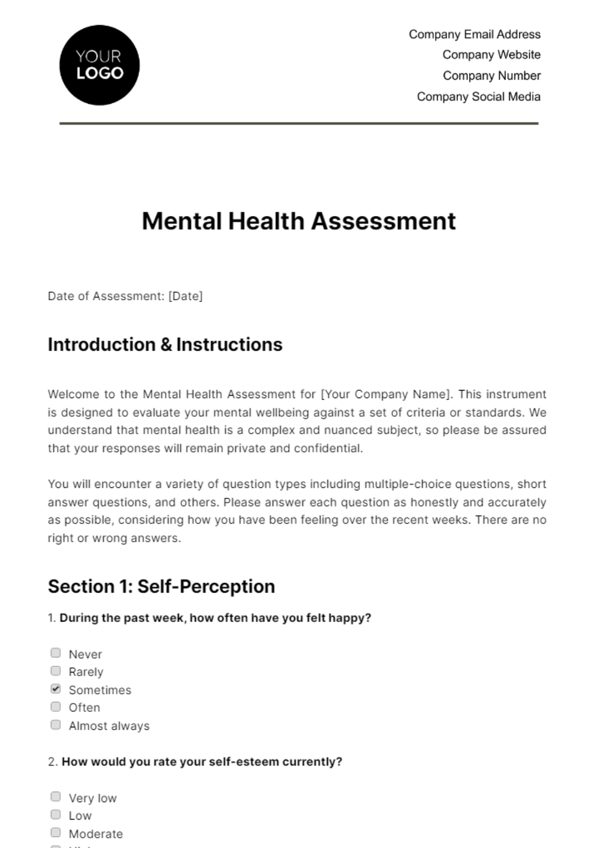 Free Mental Health Assessment HR Template